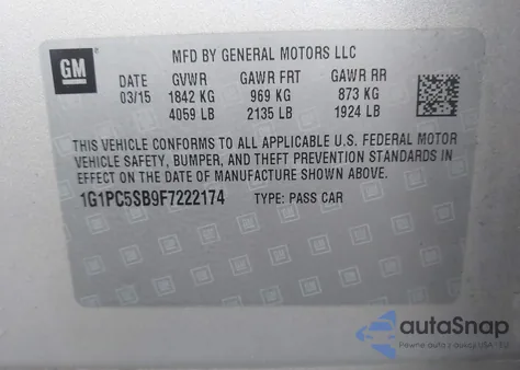 2015 Chevrolet Cruze 1Lt Auto из США, поврежденный, VIN 1G1PC5SB9F7222174